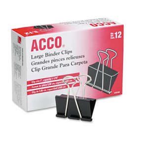 ACCO 72100 Large Binder Clips, Steel Wire, 1 1/16" Cap, 2"w, Black/Silver, Dozen