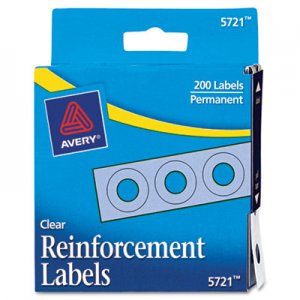 Avery 05721 Dispenser Pack Hole Reinforcements, 1/4" Dia, Clear, 200/Pack
