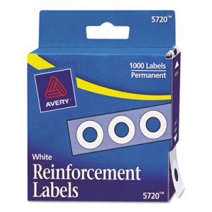 Avery 05720 Dispenser Pack Hole Reinforcements, 1/4" Dia, White, 1000/Pack