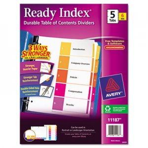 Avery 11187 Ready Index Customizable Table of Contents, Asst Dividers, 5-Tab, Ltr, 6 Sets