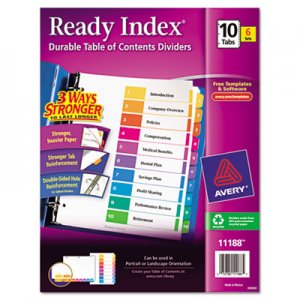 Avery 11188 Ready Index Customizable Table of Contents, Asst Dividers, 10-Tab, Ltr, 6 Sets
