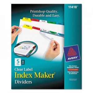 Avery 11418 Print & Apply Clear Label Dividers w/Color Tabs, 5-Tab, Letter, 5 Sets