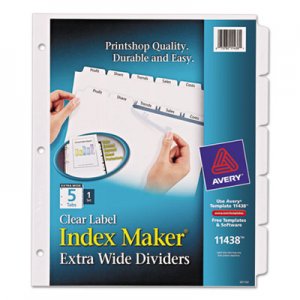 Avery 11438 Print & Apply Clear Label Dividers w/White Tabs, 5-Tab, 11 1/4 x 9 1/4