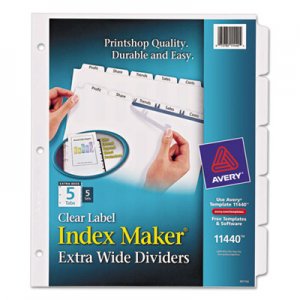 Avery 11440 Print & Apply Clear Label Dividers w/White Tabs, 5-Tab, 11 1/4 x 9 1/4, 5