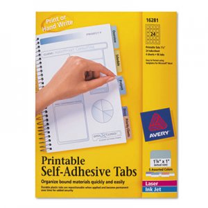 Avery 16281 Printable Plastic Tabs with Repositionable Adhesive, 1 1/4, Assorted, 96/Pack