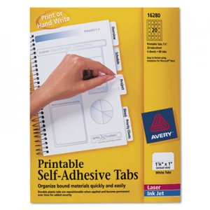 Avery 16280 Printable Plastic Tabs with Repositionable Adhesive, 1 1/4, White, 96/Pack
