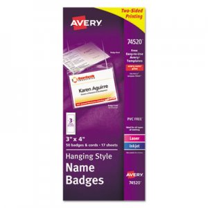 Avery 74520 Neck Hang Badge Holder w/Laser/Inkjet Insert, Top Load, 3 x 4, White, 50/BX
