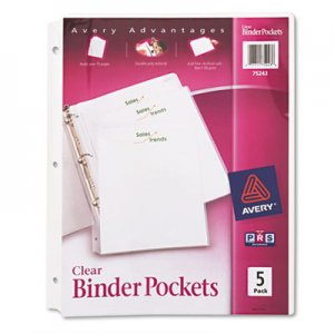 Avery 75243 Binder Pockets, 3-Hole Punched, 9 1/4 x 11, Clear, 5/Pack