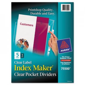 Avery 75500 Index Maker Print & Apply Clear Label Dividers w/Clear Pockets, 5-Tab, Letter