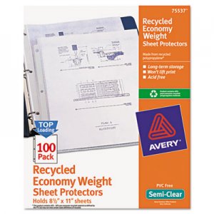 Avery 75537 Top-Load Recycled Polypropylene Sheet Protector, Semi-Clear, 100/Box