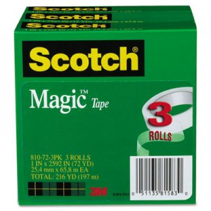 Scotch MMM810723PK Magic Tape, 1" x 2592", 3" Core, 3/Pack