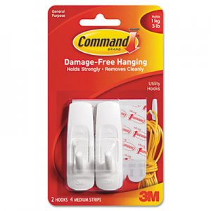 Command 17001ES General Purpose Hooks, 3lb Capacity, Plastic, White, 2 Hooks & 4 Strips/Pack