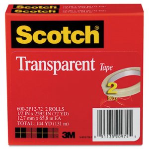 Scotch MMM6002P1272 Transparent Tape 600 2P12 72, 1/2" x 2592", 3" Core, Transparent, 2/Pack