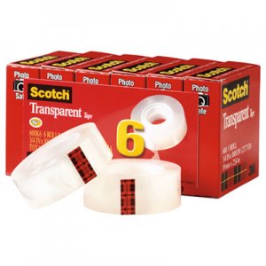 Scotch 600K6 Transparent Tape, 3/4" x 1000", 1" Core, Clear, 6/Pack