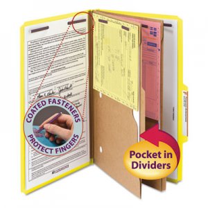 Smead 19084 Pressboard Folders with Two Pocket Dividers, Legal, Six-Section, Yellow, 10/Box