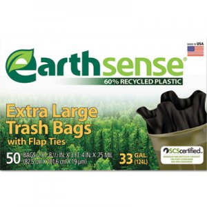Earthsense GES6FTL50 Recycled Can Liners, 33gal, .75mil, 32.5 x 40, Black, 50 Bags/Box