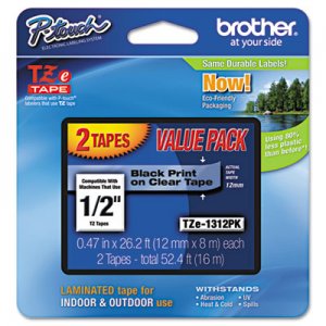 Brother P-Touch TZE1312PK TZe Standard Adhesive Laminated Labeling Tapes, 1/2w, Black on Clear, 2/Pack