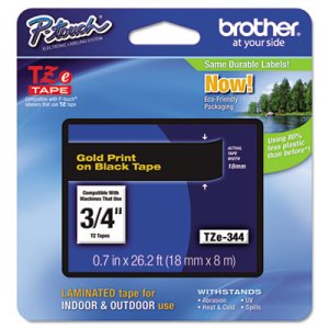 Brother P-Touch TZE344 TZe Standard Adhesive Laminated Labeling Tape, 3/4w, Gold on Black