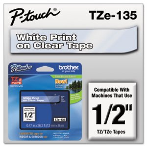 Brother P-Touch TZE135 TZe Standard Adhesive Laminated Labeling Tape, 1/2w, White on Clear