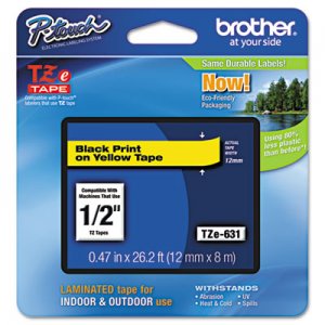 Brother P-Touch TZE631 TZe Standard Adhesive Laminated Labeling Tape, 1/2w, Black on Yellow