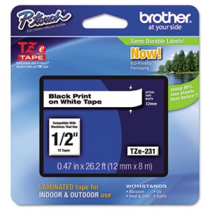 Brother P-Touch TZE231 TZe Standard Adhesive Laminated Labeling Tape, 1/2w, Black on White