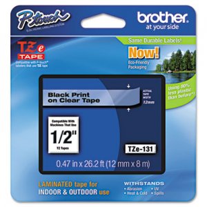Brother P-Touch TZE131 TZe Standard Adhesive Laminated Labeling Tape, 1/2w, Black on Clear