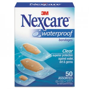 3M Nexcare MMM43250 Waterproof, Clear Bandages, Assorted Sizes, 50/Box