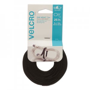VELCRO Brand VEK91141 ONE-WRAP Pre-Cut Thin Ties, 0.25" x 8", Black, 25/Pack