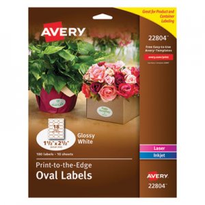 Avery 22804 Oval Print-to-the-Edge Labels, 1 1/2 x 2 1/2, White, 180/Pack