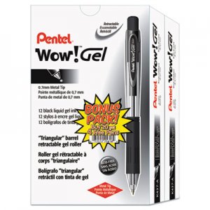 Pentel K437ASW2 WOW! Retractable Gel Pen, .7mm, Translucent Barrel, Black Ink, 24/Pack