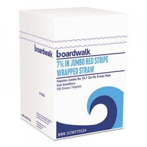 Boardwalk BWKJSTW775S24 Wrapped Jumbo Straws, 7 3/4", Plastic, Red w/White Stripe, 400/Pack, 25 Packs/CT
