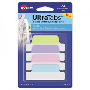 Avery AVE74769 Ultra Tabs Repositionable Margin Tabs, 1/5-Cut Tabs, Assorted Pastels, 2.5" Wide, 24/Pack