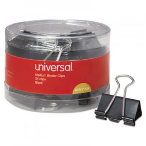 Universal UNV11124 Binder Clips in Dispenser Tub, Medium, Black/Silver, 24/Pack