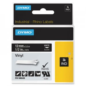 DYMO DYM1805435 Rhino Permanent Vinyl Industrial Label Tape, 0.5" x 18 ft, Black/White Print