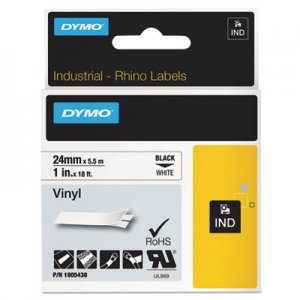 DYMO DYM1805430 Rhino Permanent Vinyl Industrial Label Tape, 1" x 18 ft, White/Black Print