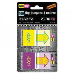 Redi-Tag RTG72039 Pop-Up Fab Page Flags w/Dispenser, "Look!", Purple/Yellow; Yellow/Teal, 100/Pack