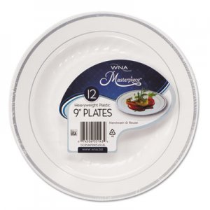 WNA WNARSM91210WS Masterpiece Plastic Plates, 9 in, White w/Silver Accents, Round, 120/Carton