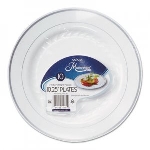 WNA WNARSM101210WS Masterpiece Plastic Plates, 10.25 in, White w/Silver Accents, Round, 120/Carton