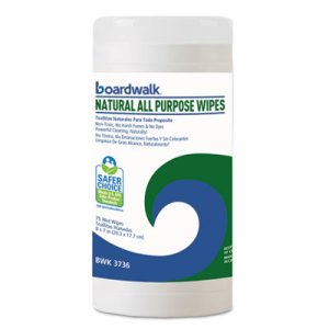 Boardwalk BWK4736 Natural All Purpose Wipes, 7 x 8, Unscented, 75 Wipes/Canister, 6/Carton