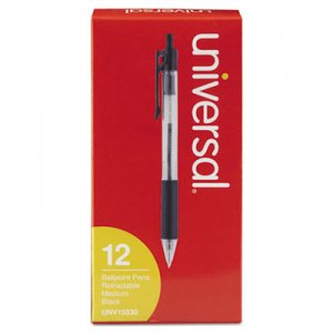 Universal UNV15530 Comfort Grip Retractable Ballpoint Pen, 1mm, Black Ink, Clear Barrel, Dozen