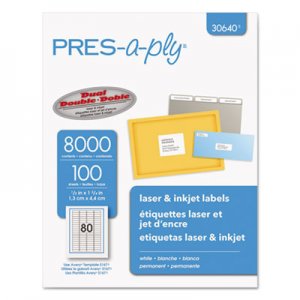 PRES-a-ply AVE30640 Labels, Inkjet/Laser Printers, 0.5 x 1.75, White, 80/Sheet, 100 Sheets/Pack
