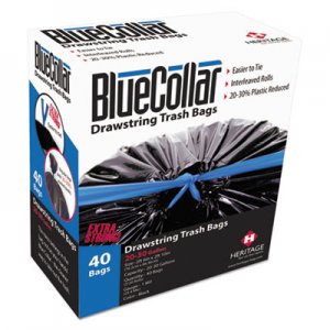 BlueCollar HERN6034YKRC1CT Drawstring Trash Bags, 30 gal, 1 mil, 30" x 34", Black, 240/Carton