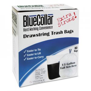 BlueCollar HERN4828EWRC1CT Drawstring Trash Bags, 13 gal, 0.8 mil, 24" x 28", White, 480/Carton