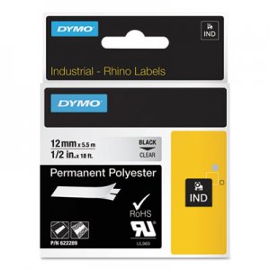 DYMO DYM622289 Rhino Permanent Vinyl Industrial Label Tape, 0.5" x 18 ft, Clear/Black Print