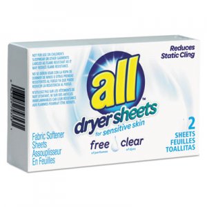 All VEN2979353 Free Clear Vend Pack Dryer Sheets, Fragrance Free, 2 Sheets/Box, 100 Box/Carton