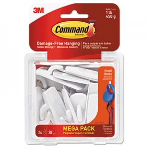 Command MMM17002MPES General Purpose Hooks, 1lb Capacity, Plastic, White, 24 Hooks, 28 Strips/Pack