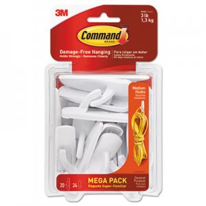Command MMM17001MPES General Purpose Hooks, 3lb Capacity, Plastic, White, 20 Hooks, 24 Strips/Pack