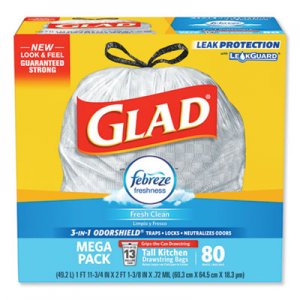 Glad CLO78899BX OdorShield Tall Kitchen Drawstring Bags, 13 gal, 0.95 mil, 24" x 27.38", White, 80/Box
