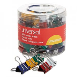 Universal UNV31027 Binder Clips in Dispenser Tub, Mini, Assorted Colors, 60/Pack
