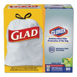 Glad CLO78900BX OdorShield Tall Kitchen Drawstring Bags, 13 gal, 0.95 mil, 24" x 27.38", White, 80/Box